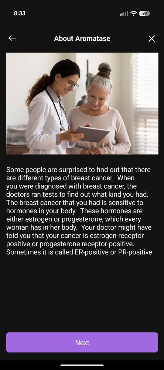 App screen explaining hormone-receptor-positive breast cancer and endocrine therapy