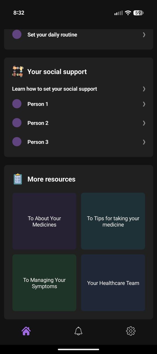 App home screen showing daily routine, social support contacts, and resource links