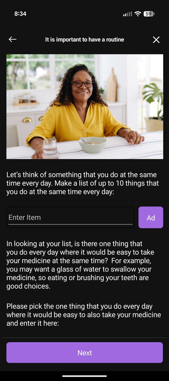 App screen guiding a participant to anchor medication-taking to an existing daily routine